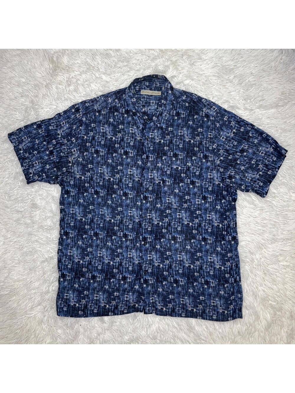VINTAGE Munsingwear Hawaiian Style Short Sleeve Shirt Sz XL Blue Geometric Rayon